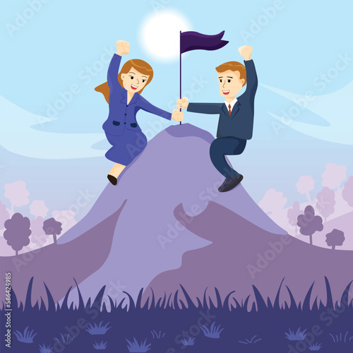 Vector Illustration of Businessman and Woman Climbing Mountain Flag. The Concept of Success for Working.