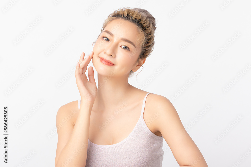 Happy beautiful young asian woman clean fresh bare skin concept. Asian girl beauty face skincare and health wellness, Facial treatment, Perfect skin, Natural make up. Isolated on white background. Happy beautiful young asian woman clean fresh bare skin concept. Asian girl beauty face skincare and health wellness, Facial treatment, Perfect skin, Natural make up. Isolated on white background.