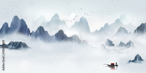 Chinese style ink and wash landscape painting Background watercolor artistic conception Landscape illustration