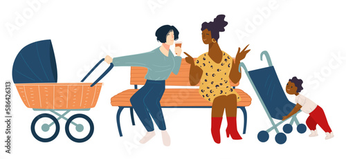 Women with kids talking sitting on bench in park