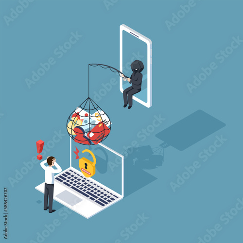 A thief Hacker attacks a laptop by stealing an account. fraud scam and steal personal data and financial documents on devices. vector illustration flat design for cyber security awareness concept.