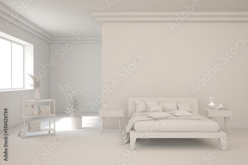 Grey lbedroom concept. Scandinavian interior design. 3D illustration