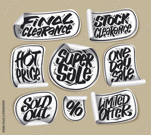 Final clearance, super sale, hot price, stock clearance, one day sale, sold out, limited offer - lettering stickers collection