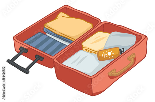Bag with packed clothes and sunscreen lotions