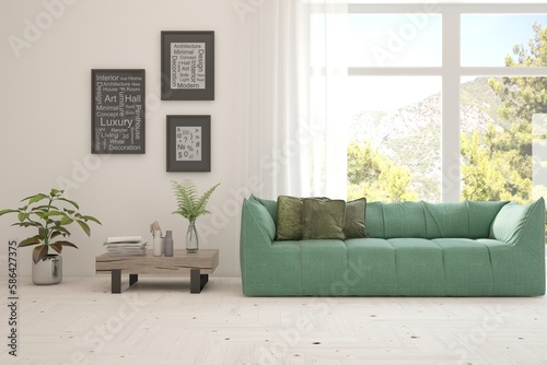 Wallpaper Mural White living room with sofa and summer landscape in window. Scandinavian interior design. 3D illustration Torontodigital.ca