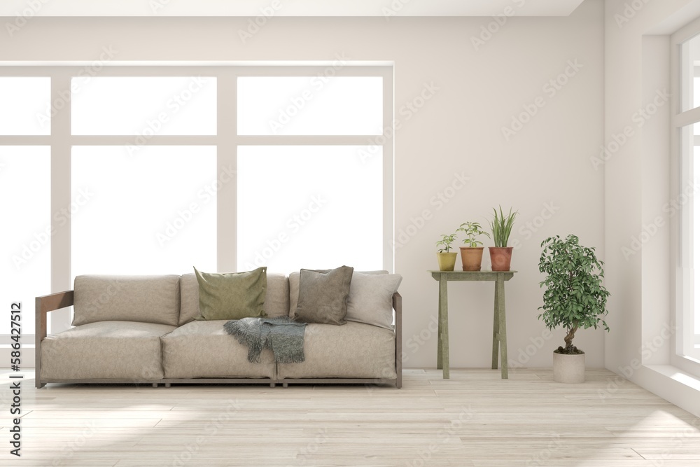 Naklejka premium White living room with sofa. Scandinavian interior design. 3D illustration
