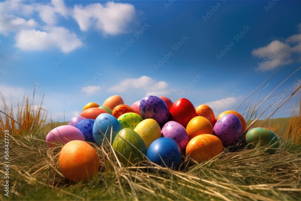 vibrant pile of Easter eggs in a lush green grassy field. Generative AI vibrant pile of Easter eggs in a lush green grassy field. Generative AI
