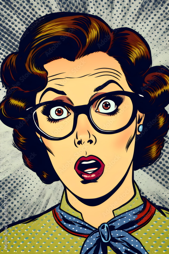 surprised brunette woman wearing glasses in vintage comic book style illustration, made with generative ai