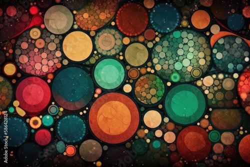 Abstract painting with multiple colorful circles arranged in a pattern. Generative AI