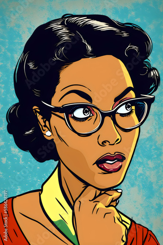 thinking poc woman in glasses, in vintage comic book style illustration, made with generative ai photo