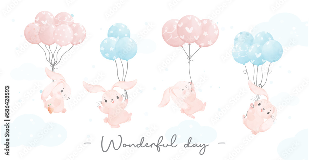 Adorable whimsical happy baby pink bunny rabbit flying with balloons nursery children watercolour hand painting banner Adorable whimsical happy baby pink bunny rabbit flying with balloons nursery children watercolour hand painting banner