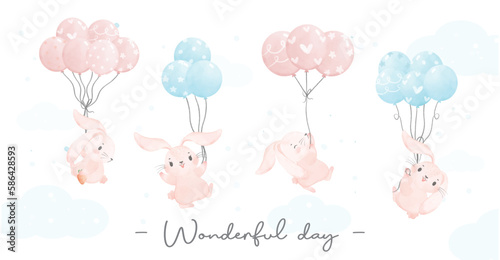 Adorable whimsical happy baby pink bunny rabbit flying with balloons nursery children watercolour hand painting banner