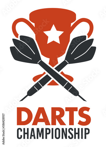Darts championship banner with victory cup trophy