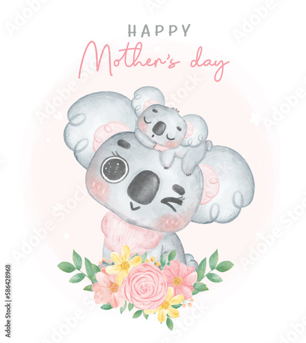 Cute Koala Mother and Baby Cartoon Watercolor Illustration. Perfect for nursery art, baby shower invitations, and Mother's Day creations