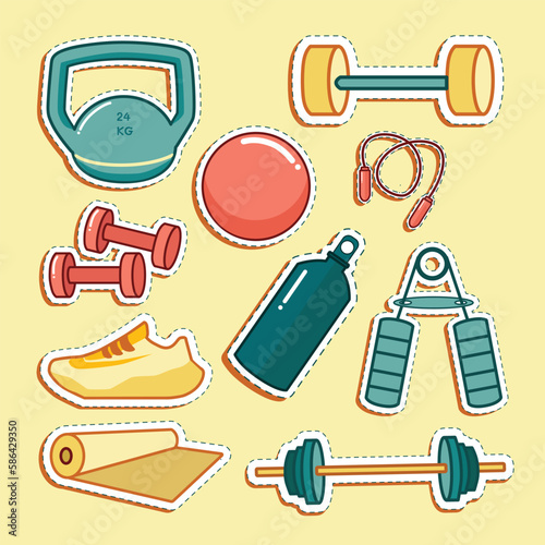Set of Workout Fitness and Gym Equipment Cute Sticker Illustration