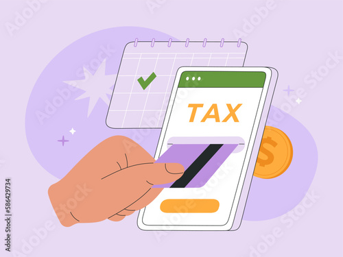 Online tax payment concept. Pay by credit card using phone. Calendar reminder for tax filing deadline. Hand drawn vector illustration, isolated on purple background, modern flat cartoon style