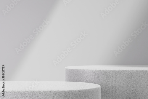 Fototapeta Naklejka Na Ścianę i Meble -  Abstract white background for product presentation with 3d render two podium on smooth wall background and light-dark divider. Pedestal for cosmetic product and packaging mockups display presentation