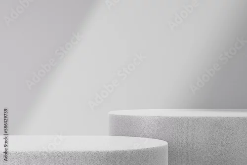 Obraz Abstract white background for product presentation with 3d render two podium on smooth wall background and light-dark divider. Pedestal for cosmetic product and packaging mockups display presentation