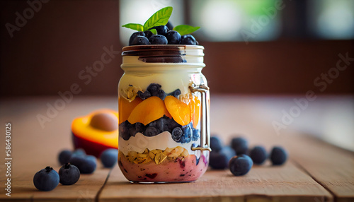 Blueberry jogurt smoothie in glass jar  copy space