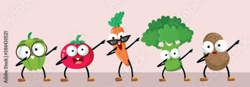 Funny Vegetables Dabbing and Dancing Together Humorous Illustration. Cheerful groceries having energy from vitamins and nutrients 
