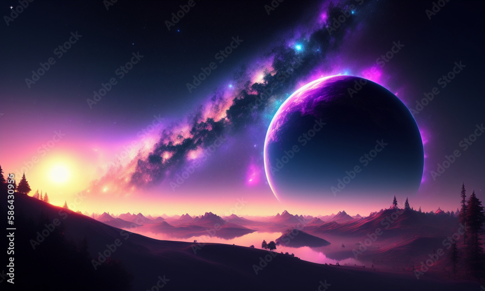 Take a  journey through the galaxy with this intricate and highly detailed artwork. this piece features a magnificent planet with intricate rings and a starry sky. Generative AI
