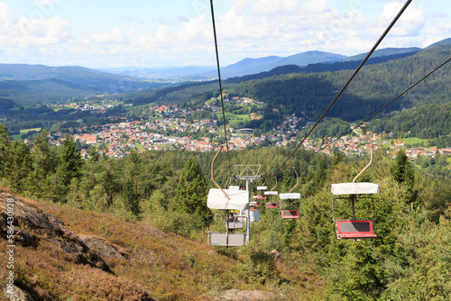 Panorama view of municipality Bodenmais and chairlift to Silberberg mountain in Bavarian Forest, Germany