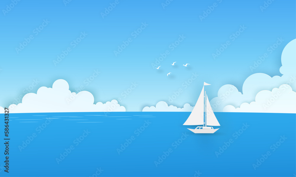 Summer template in nature blue seascape view on the beach with pink boat, surfboard, swim ring, hat, slipper, starfish, sea wave, coconut trees, clouds, blue sky and birds. Vector paper art concept.