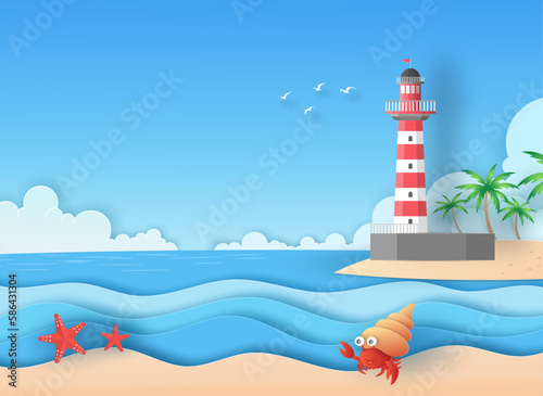 Landscape view on the beach looking to the red and white lighthouse on island, coconut trees, blue sea, clouds, blue sky, birds and hermit crab in summer vector paper art concept.