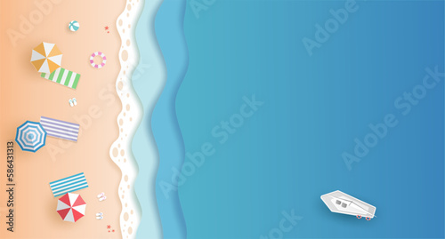 Top view beach and blue sea with woman in bikini set, sea wave, umbrellas, surfboard, swim ring and boat in summer day. vector paper art concept