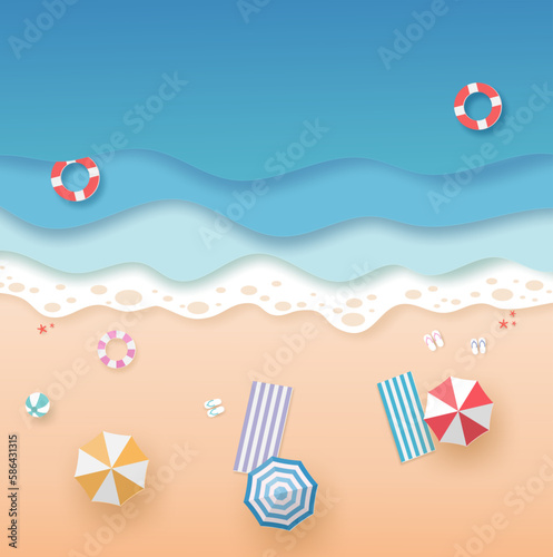 Top view beach and blue sea with woman in bikini set, sea wave, umbrellas, surfboard, swim ring and boat in summer day. vector paper art concept