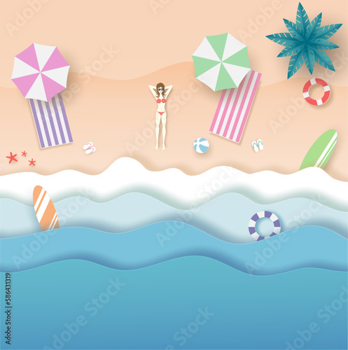 Woman in pink bikini set walking on the beach with surfboard in her hand looking to the blue sea, coconut tree, island, clouds, bird and sky in summer day. seascape view in vector paper art concept.