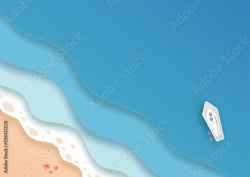 Top view beach and blue sea with woman in bikini set, sea wave, umbrellas, surfboard, swim ring and boat in summer day. vector paper art concept