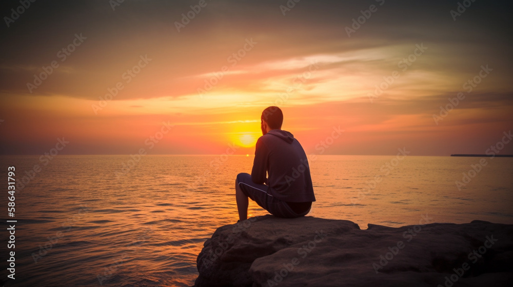 Fototapeta premium silhouette of a person sitting on a rock at sunset