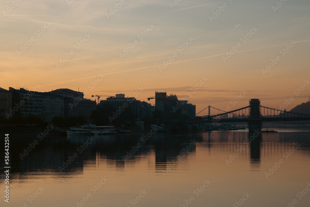 Chain Bridge in magic sunrise, Budapest, Hungary.