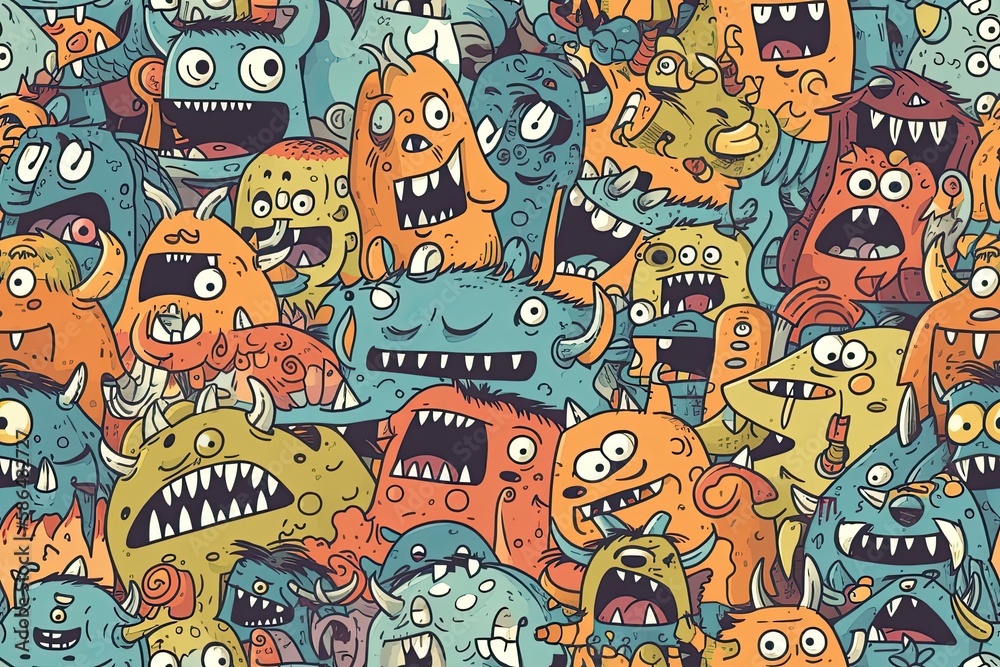 colorful and diverse group of cartoon monsters with open mouths. Generative AI