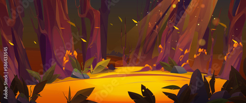 Fantasy forest glade cartoon vector illustration. Magic autumn woodland meadow in jungle game scene. Sunshine spot with bokeh light on path in wildlife. Mystic nature fall wallpaper with trees stem.