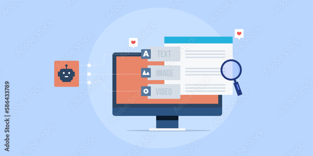 Content creation with Artificial intelligence technology, prompt-based content for website, blog and social media, chatbot vector illustration. Content creation with Artificial intelligence technology, prompt-based content for website, blog and social media, chatbot vector illustration.