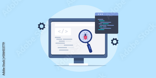 Computer screen with coding programming software testing and bug fixing concept, vector web banner.