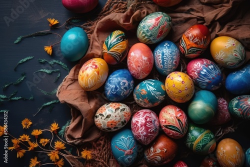 colorful Easter table with a variety of painted eggs on display. Generative AI