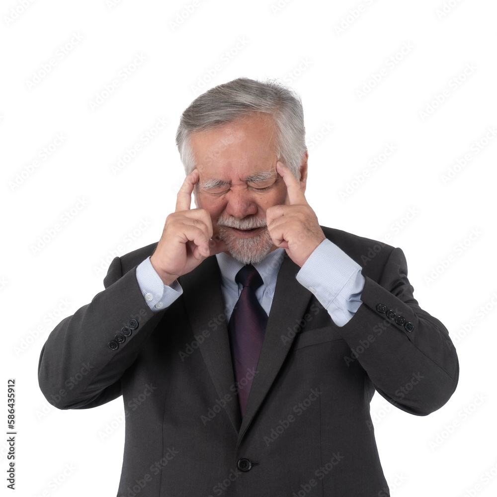 Asian senior businessman , old man headache hands on forehead , stressed from work on white background with copy space - medical and healthcare concept Asian senior businessman , old man headache hands on forehead , stressed from work on white background with copy space - medical and healthcare concept