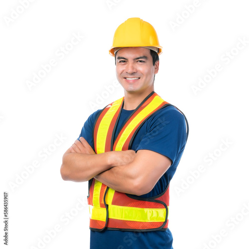 Portrait young architect man engineering wearing yellow helmet , He standing arms crossed isolated on white background with copy space