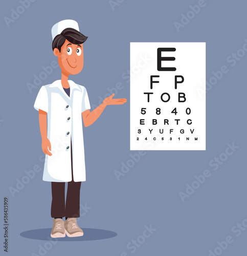 Eye Doctor Pointing to a Snellen Chart Vector Character. Professional oculist showing letters and text in an eye consultation
