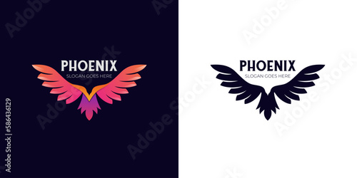 awesome phoenix wings gradient logo illustration and black silhouette bird eagle logo design