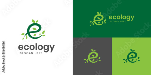 letter E ecology logo icon design with leaf or nature green plant graphic element, symbol for earth day logo, nature product label