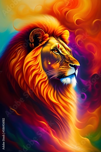 Graphic representation of  Regal Majesty  Colorful Lion with Crown . Generative AI. 