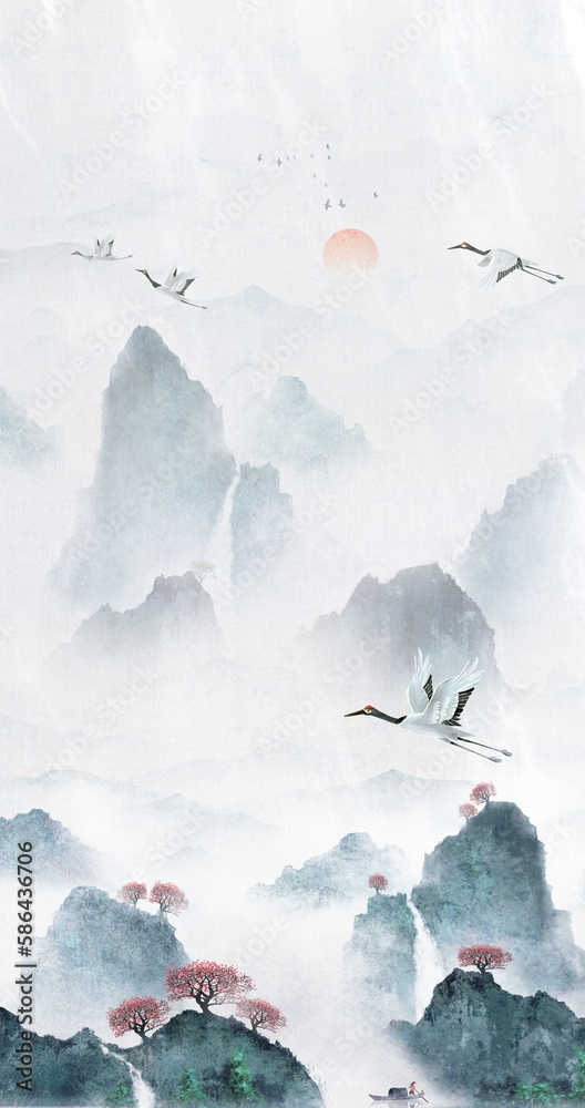Chinese style blue background landscape illustration