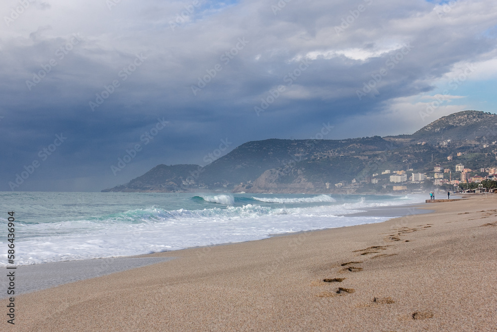 Big storm waves of Mediterranean sea on Alanya beach Turkey coast Big storm waves of Mediterranean sea on Alanya beach Turkey coast