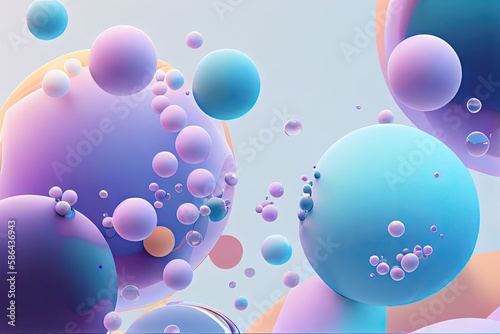 Floating bubbles on pastel color background. Colorful abstract design with liquid drops and spheres. Ai generative.