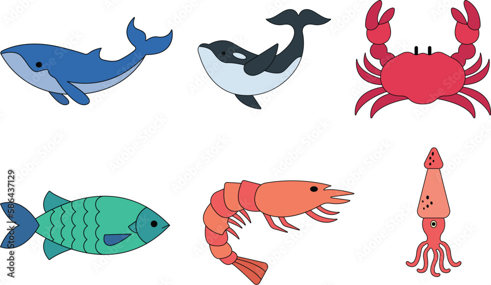 Set of sea animals. Vector illustration in a flat style on a white background. Set of sea animals. Vector illustration in a flat style on a white background.