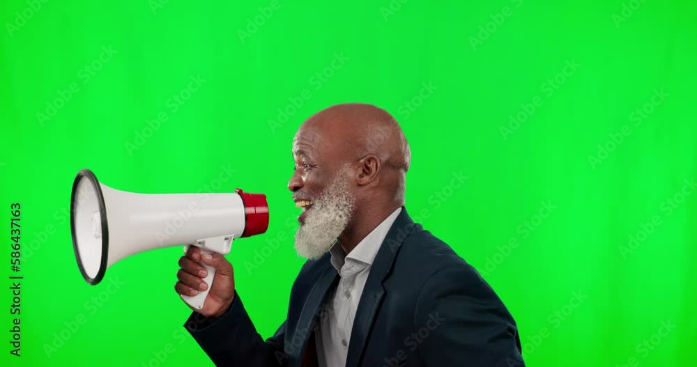 Megaphone, green screen and black man isolated on studio background broadcast, breaking news and announcement. Senior business person with loud speaker sound for sale, promotion deal or voice mockup Megaphone, green screen and black man isolated on studio background broadcast, breaking news and announcement. Senior business person with loud speaker sound for sale, promotion deal or voice mockup